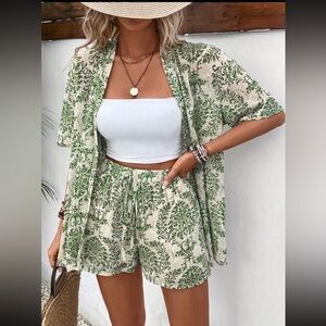 *NEW* Vivid Women's Tropical Plant Printed Kimono Shirt & Shorts Sz: M (6)